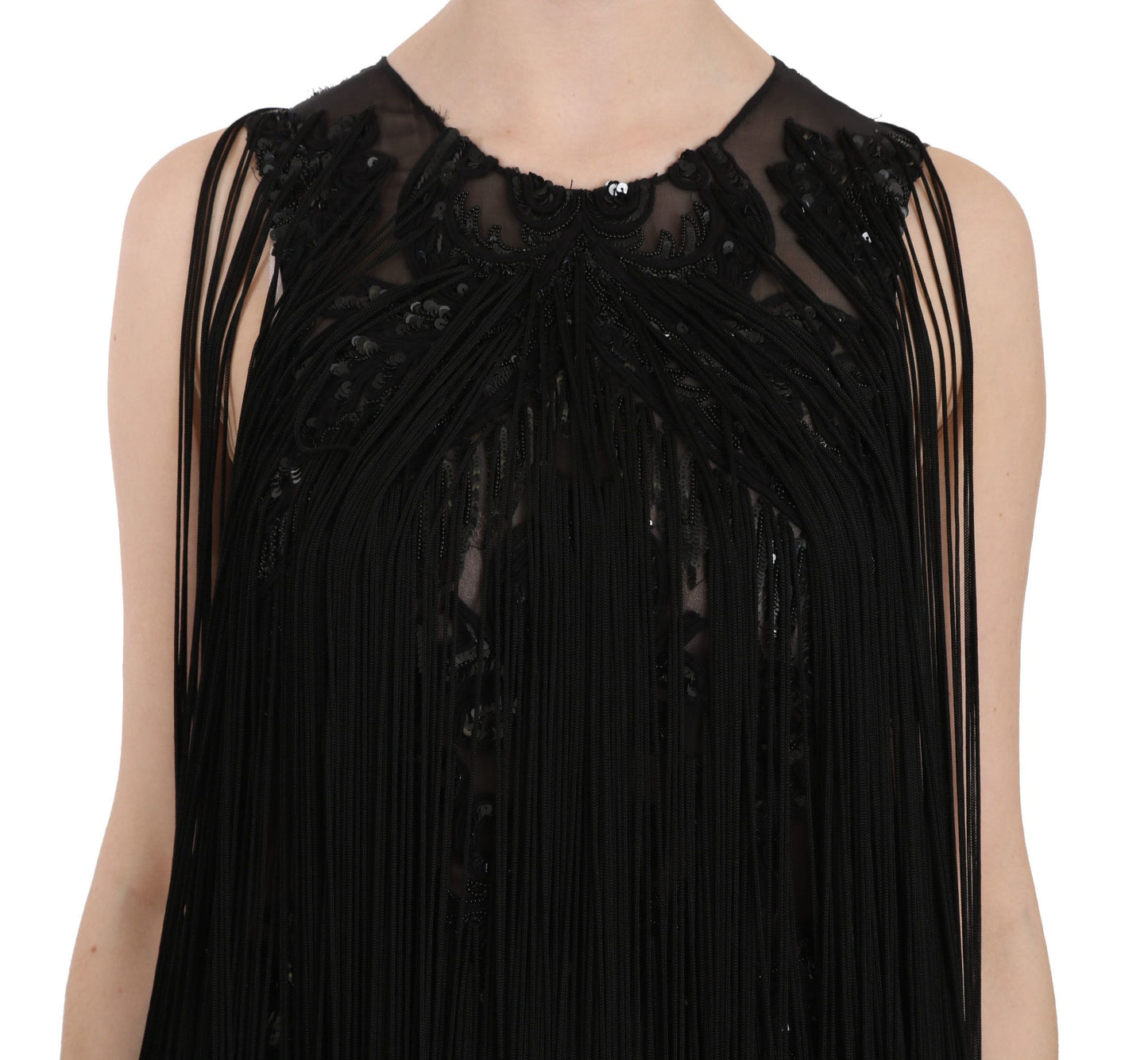 Robe transparente en soie noire à paillettes et perles John Richmond