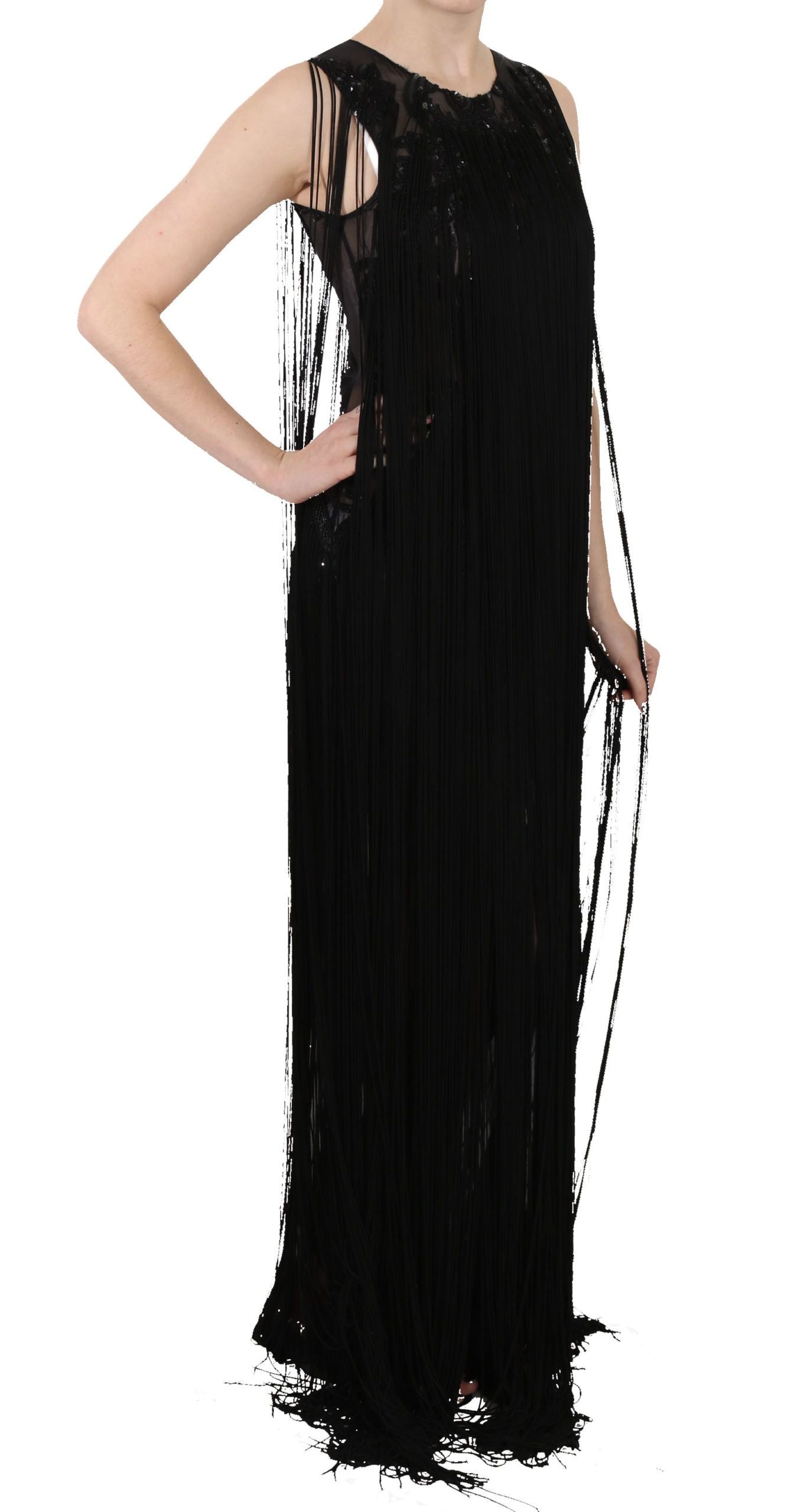 Robe transparente en soie noire à paillettes et perles John Richmond
