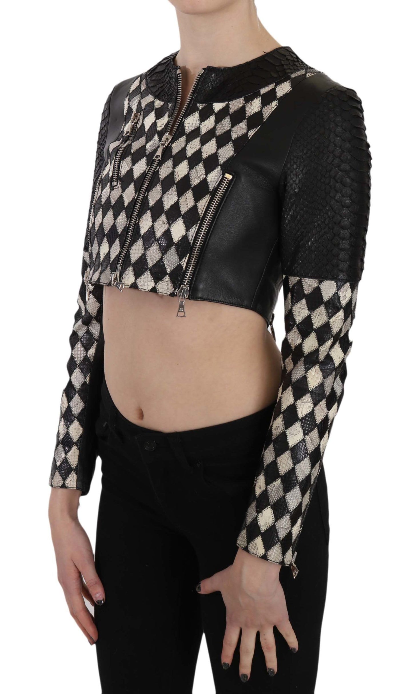 Veste de motard courte en cuir noir et blanc John Richmond