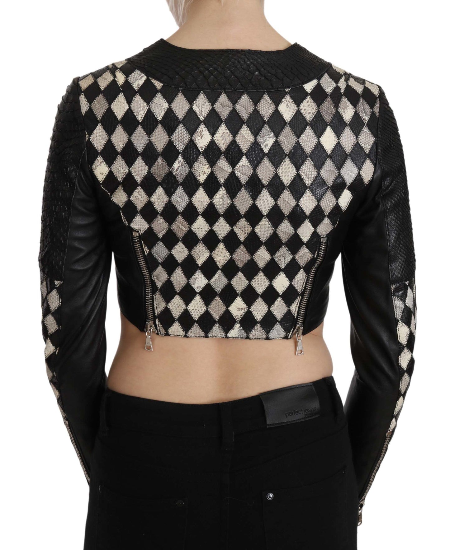 Veste de motard courte en cuir noir et blanc John Richmond
