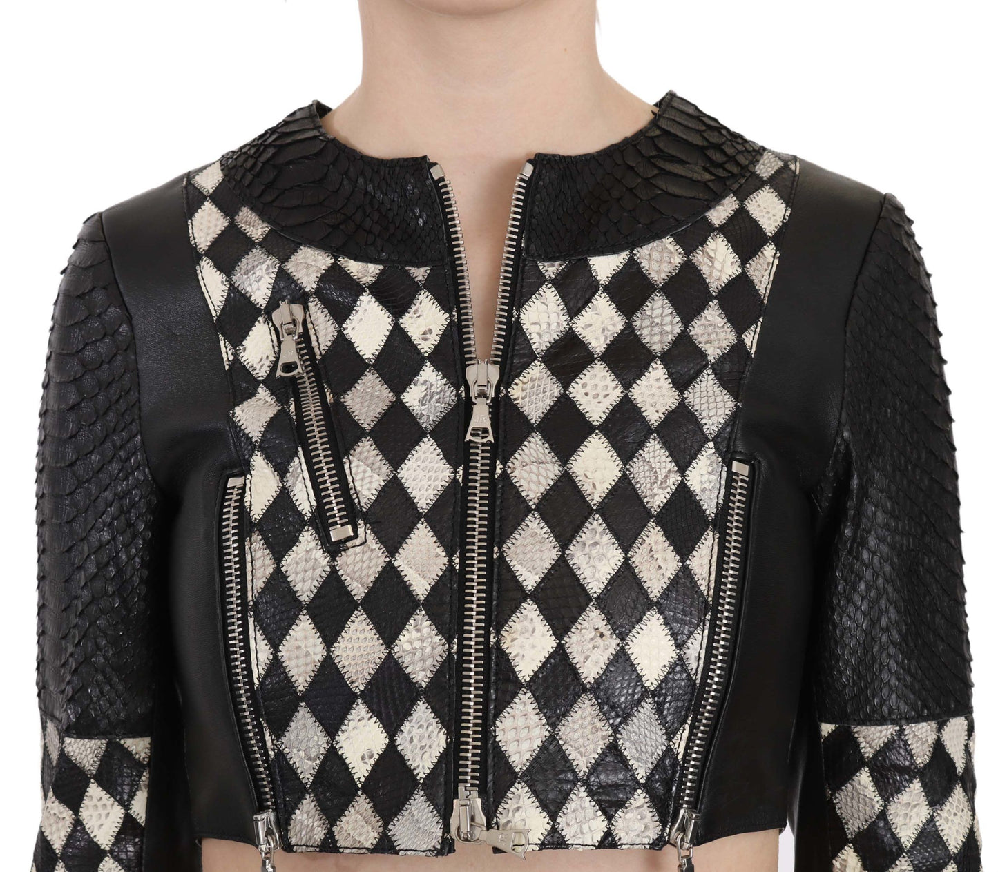 Veste de motard courte en cuir noir et blanc John Richmond
