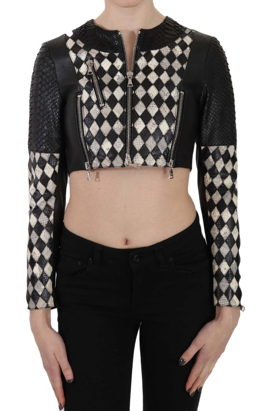 Veste de motard courte en cuir noir et blanc John Richmond