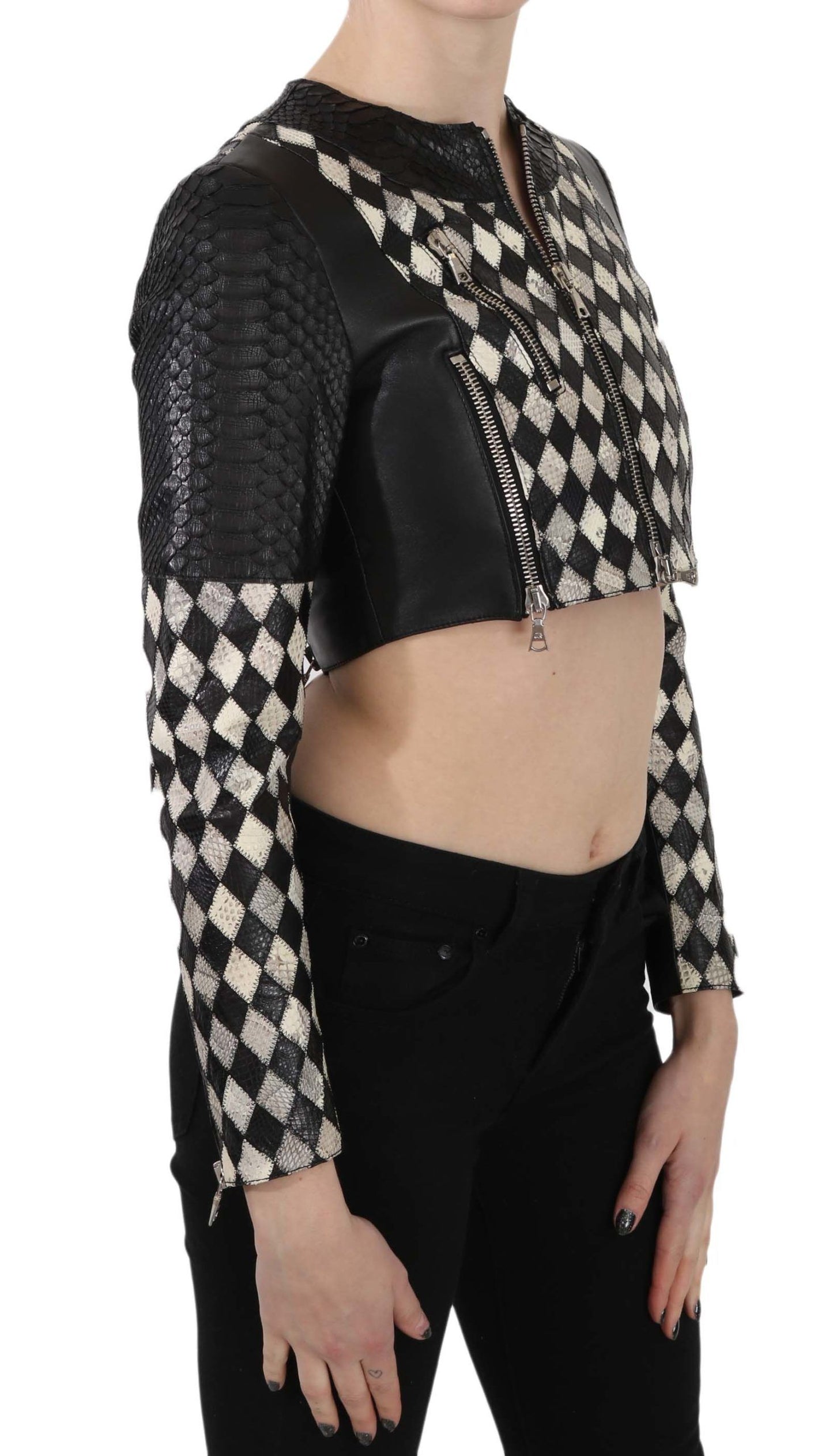 Veste de motard courte en cuir noir et blanc John Richmond