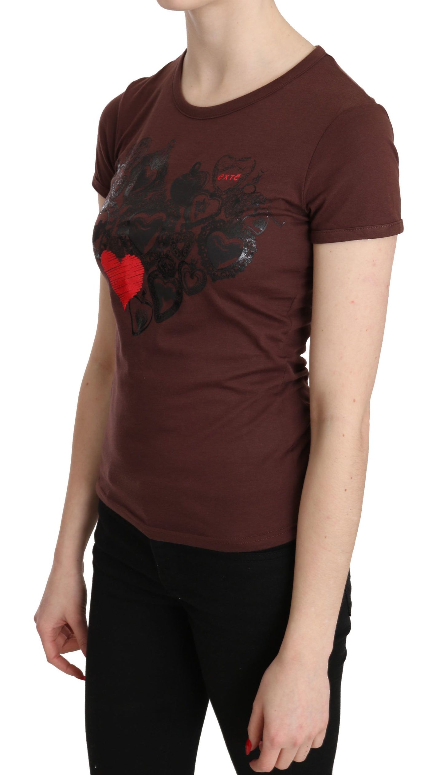 Exte Braunes T-Shirt mit Rundhalsausschnitt und Herzen-Print