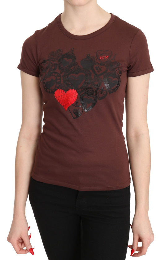 Exte Braunes T-Shirt mit Rundhalsausschnitt und Herzen-Print