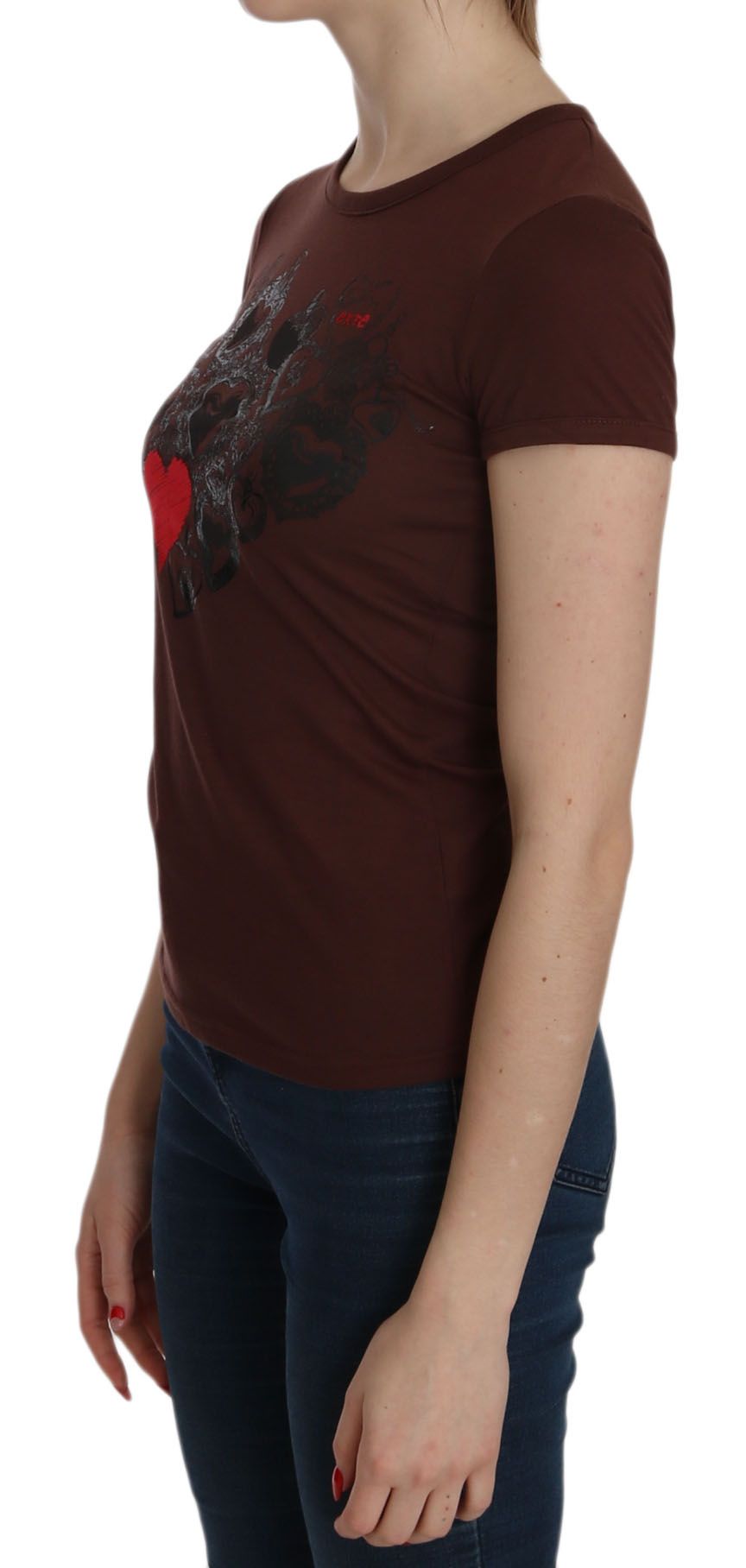 Exte Braunes T-Shirt mit Rundhalsausschnitt und Herzdruck, kurzärmlige Bluse