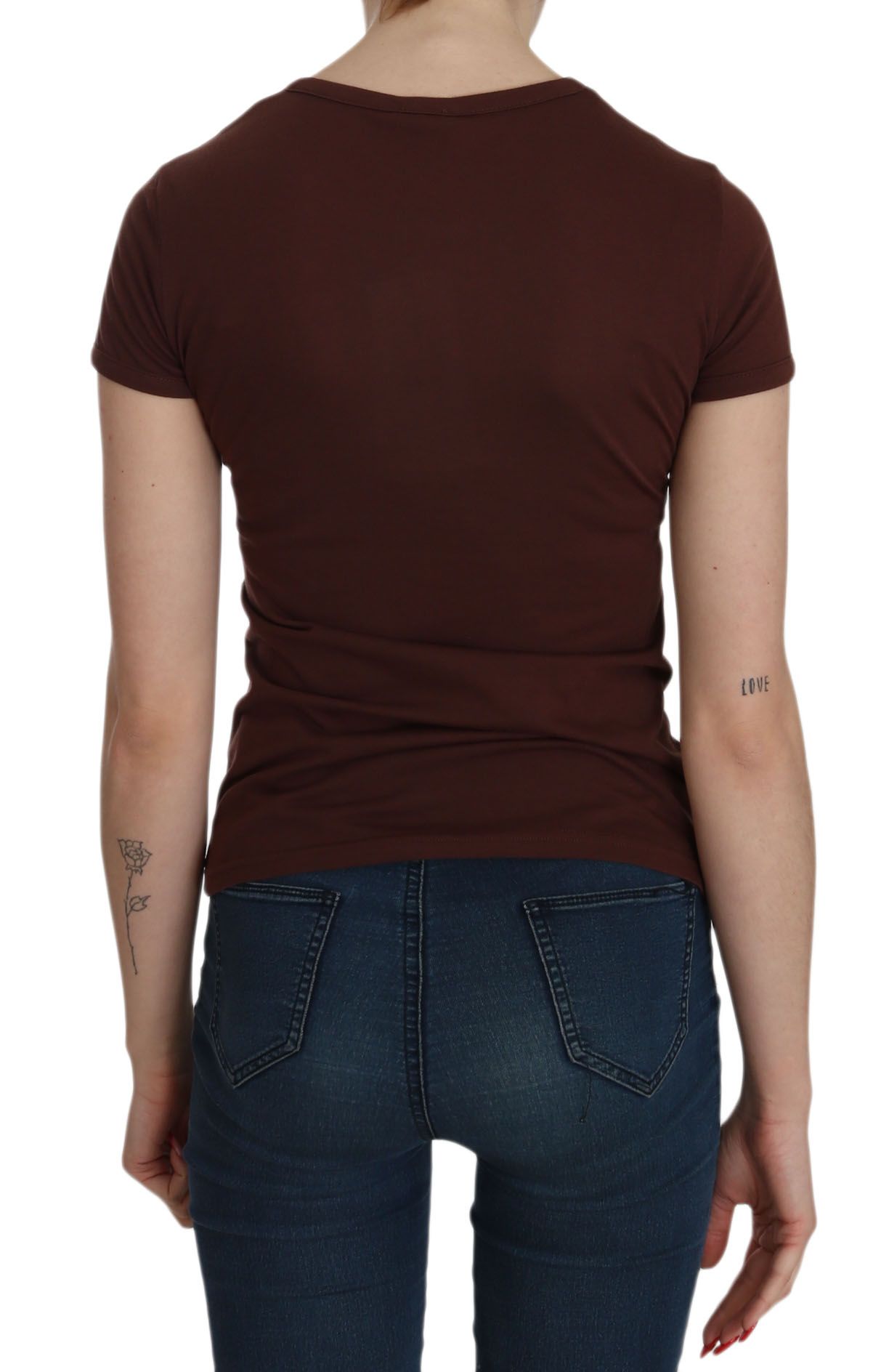 Exte Braunes T-Shirt mit Rundhalsausschnitt und Herzdruck, kurzärmlige Bluse