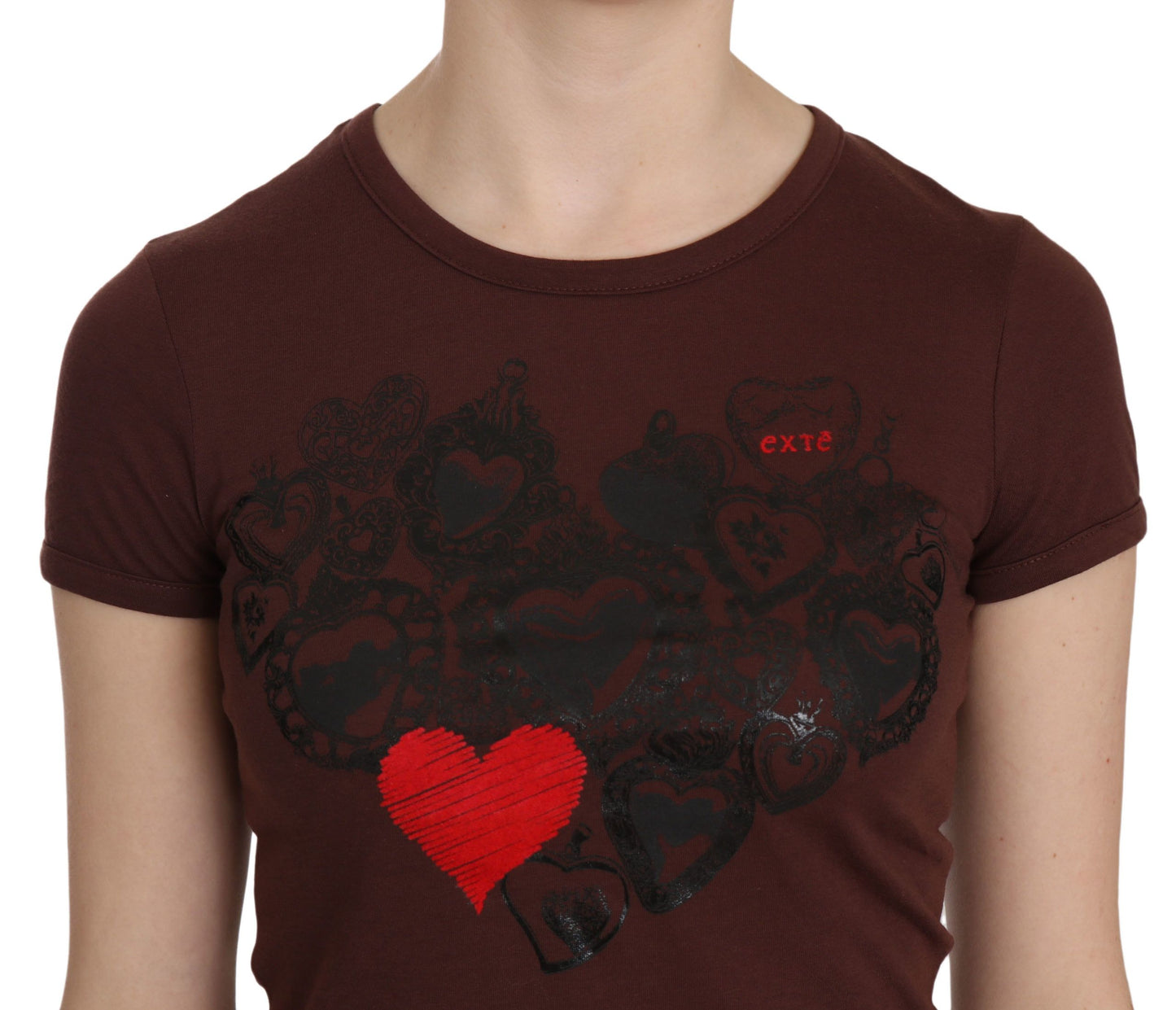 Exte Braunes T-Shirt mit Rundhalsausschnitt und Herzdruck, kurzärmlige Bluse