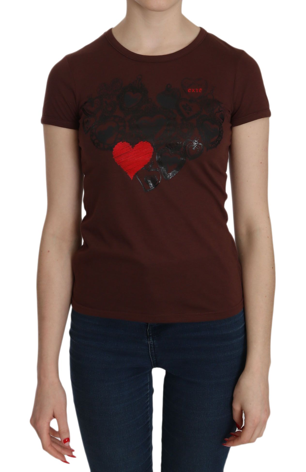 Exte Braunes T-Shirt mit Rundhalsausschnitt und Herzdruck, kurzärmlige Bluse