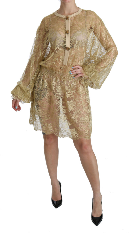 Robe trapèze transparente en dentelle dorée Dolce &amp; Gabbana, longueur genou