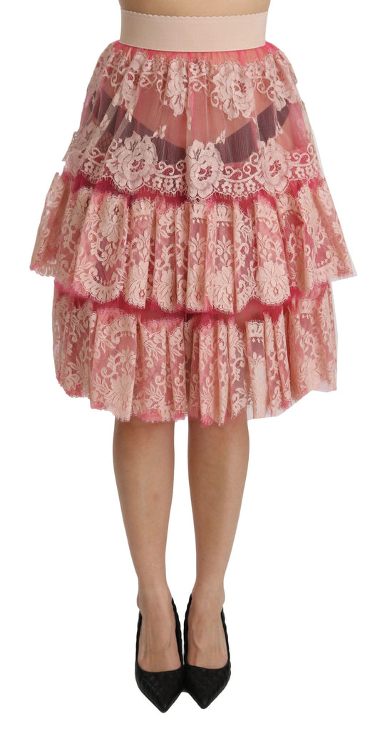 Jupe taille haute en dentelle rose Dolce &amp; Gabbana, longueur genou