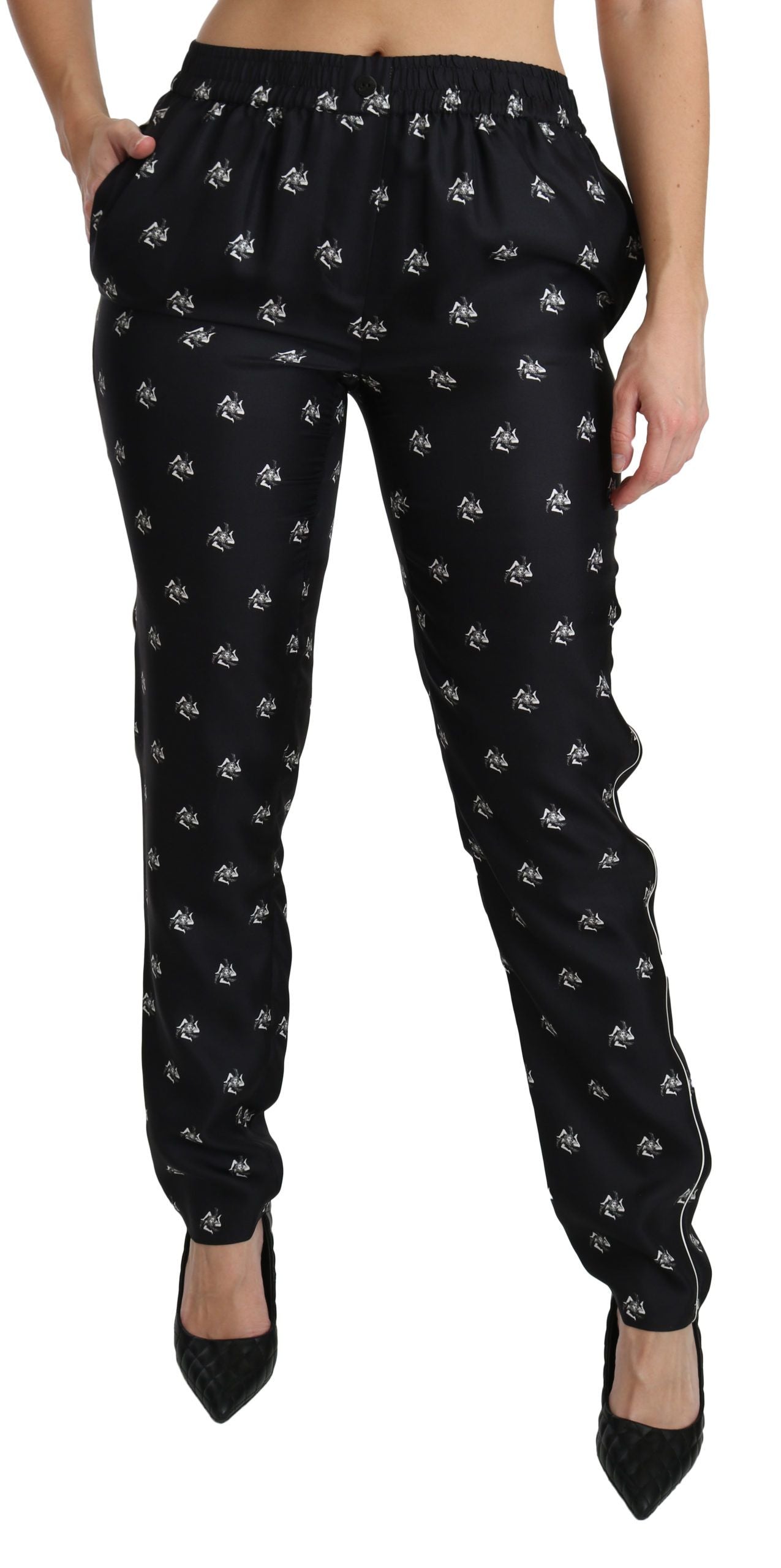 Pantalon skinny taille moyenne en soie imprimé noir Dolce &amp; Gabbana