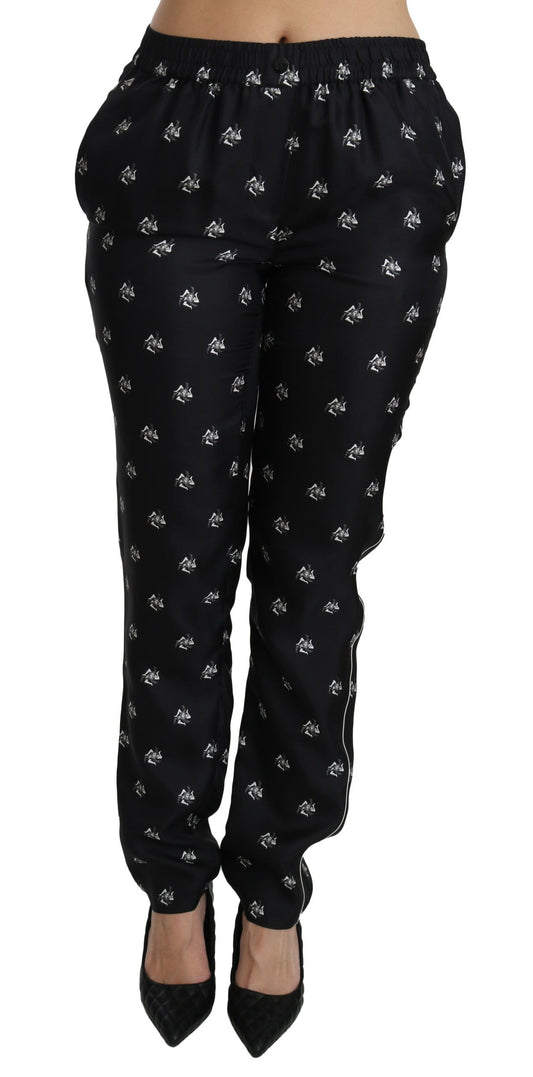 Pantalon skinny taille moyenne en soie imprimé noir Dolce &amp; Gabbana