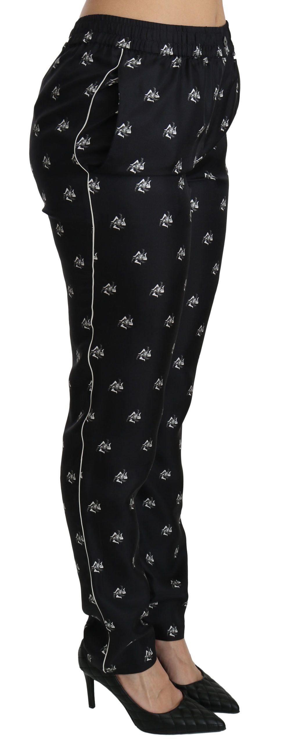 Pantalon skinny taille moyenne en soie imprimé noir Dolce &amp; Gabbana