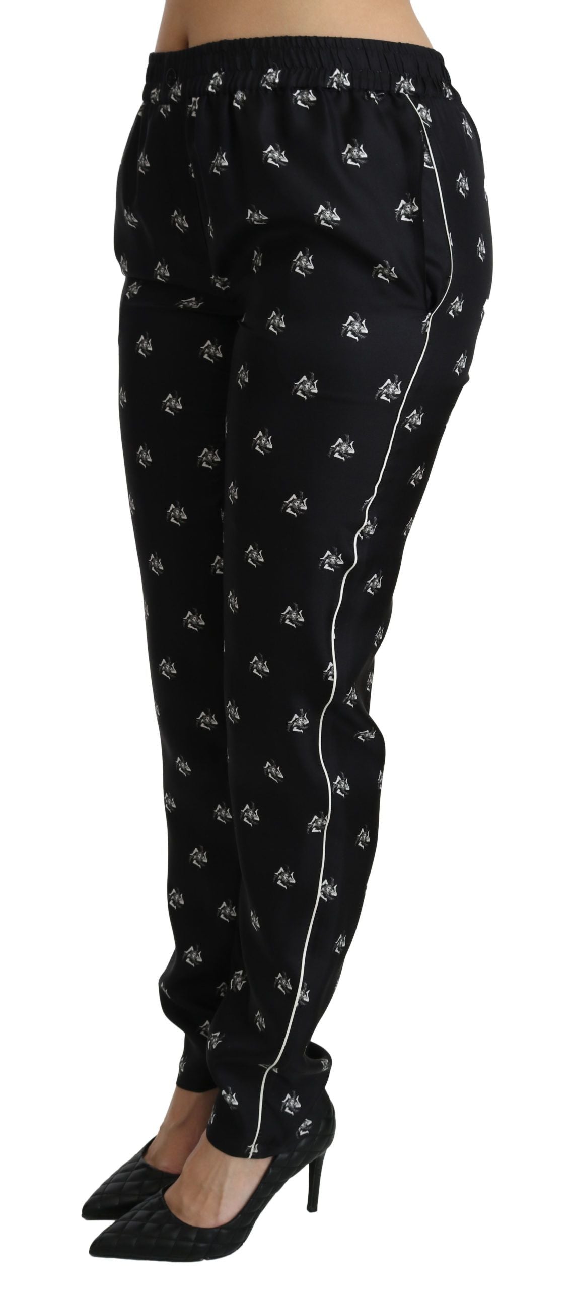 Pantalon skinny taille moyenne en soie imprimé noir Dolce &amp; Gabbana