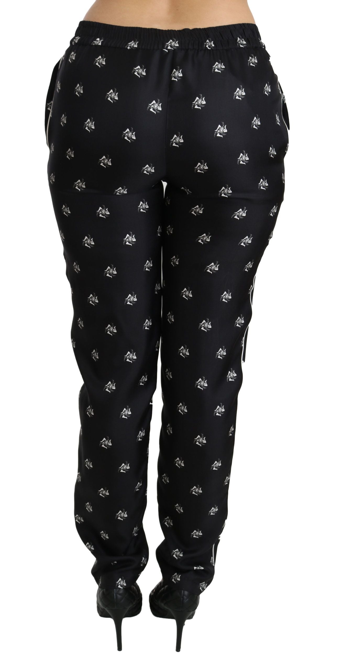 Pantalon skinny taille moyenne en soie imprimé noir Dolce &amp; Gabbana