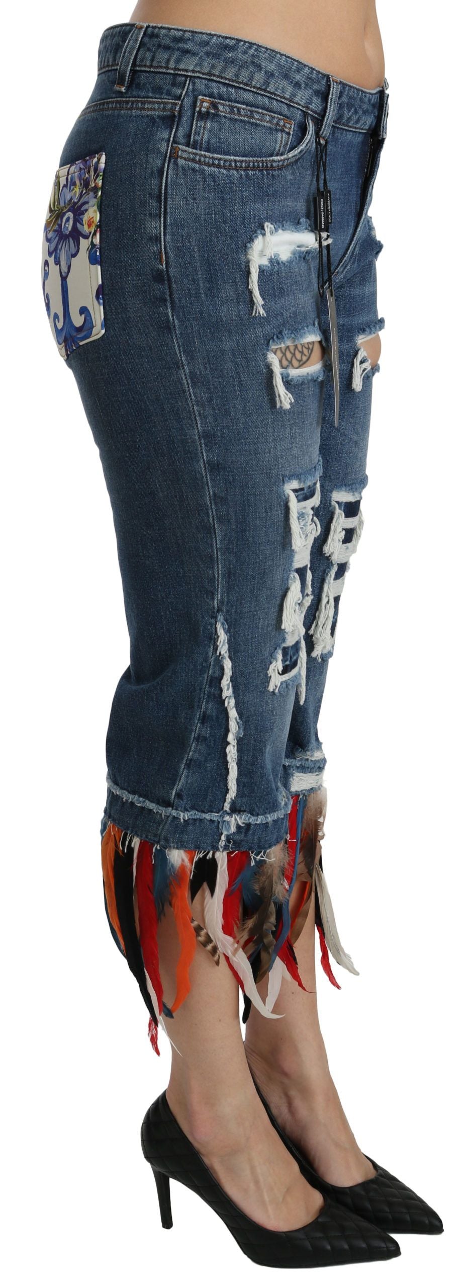 Jean court taille basse en coton à plumes bleues Dolce &amp; Gabbana