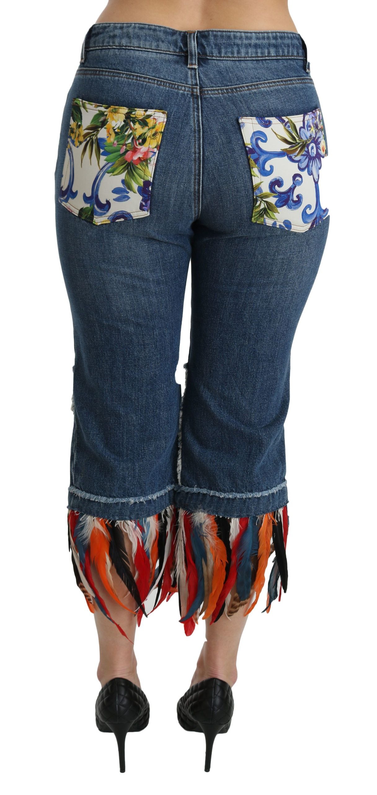 Jean court taille basse en coton à plumes bleues Dolce &amp; Gabbana