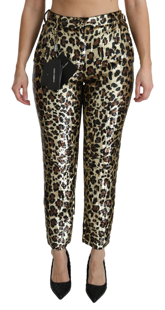 Pantalon taille haute à paillettes léopard marron Dolce &amp; Gabbana