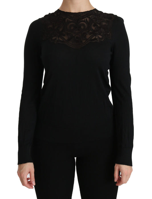 Chemisier ras du cou à manches longues et dentelle de soie noire Dolce &amp; Gabbana