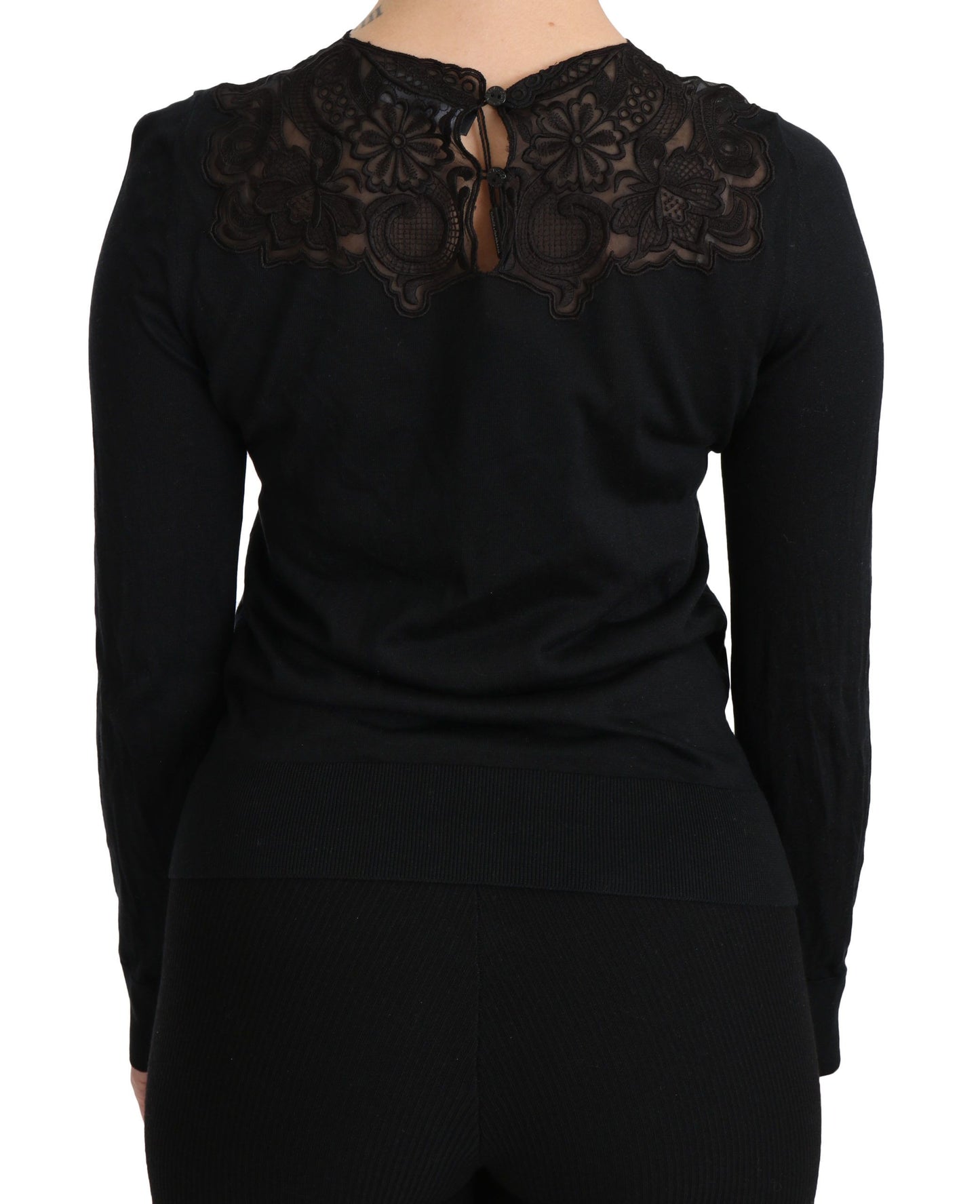 Chemisier ras du cou à manches longues et dentelle de soie noire Dolce &amp; Gabbana