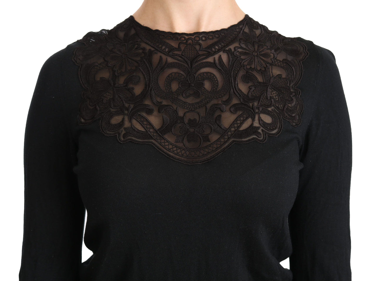 Chemisier ras du cou à manches longues et dentelle de soie noire Dolce &amp; Gabbana