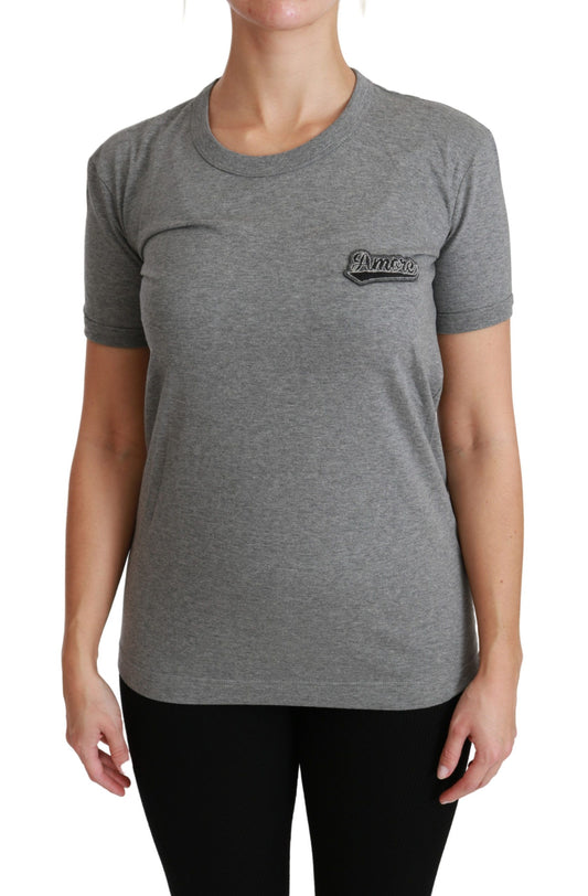 T-shirt ras du cou gris en coton avec patch Love de Dolce &amp; Gabbana