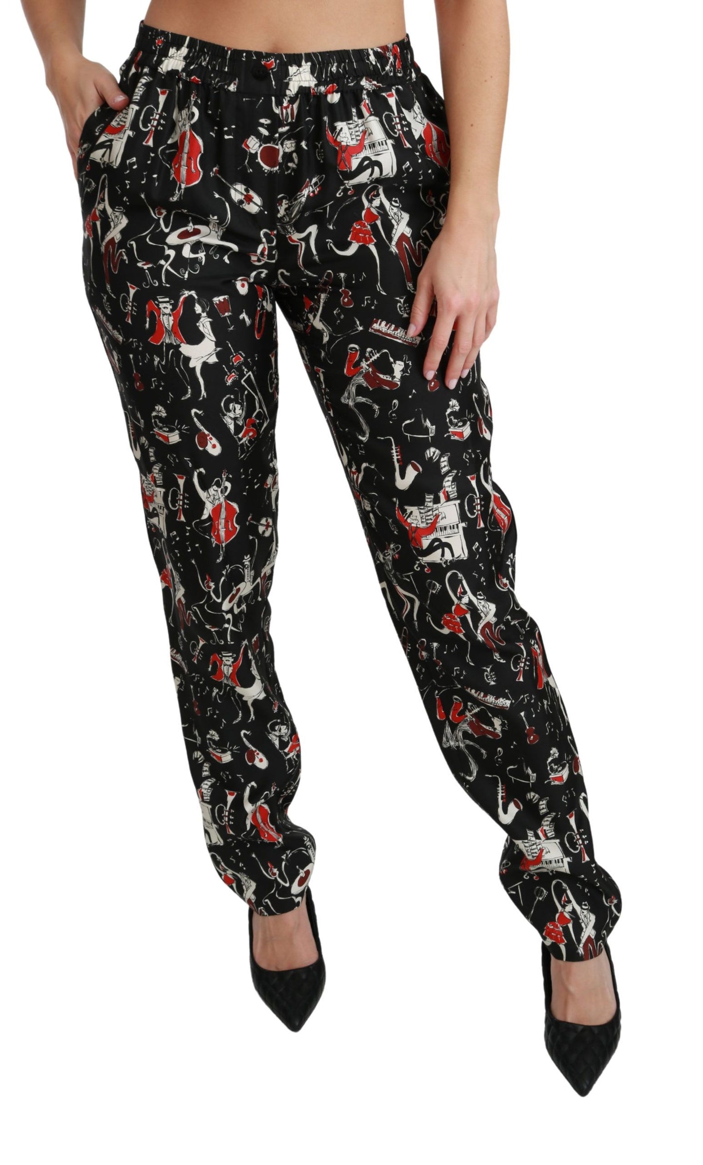 Pantalon taille moyenne en soie noire Dolce &amp; Gabbana