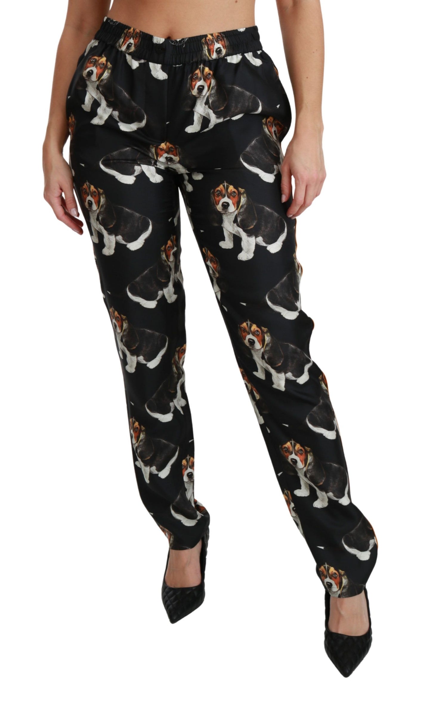 Pantalon skinny en soie noir à taille moyenne Dolce &amp; Gabbana Puppy Dog