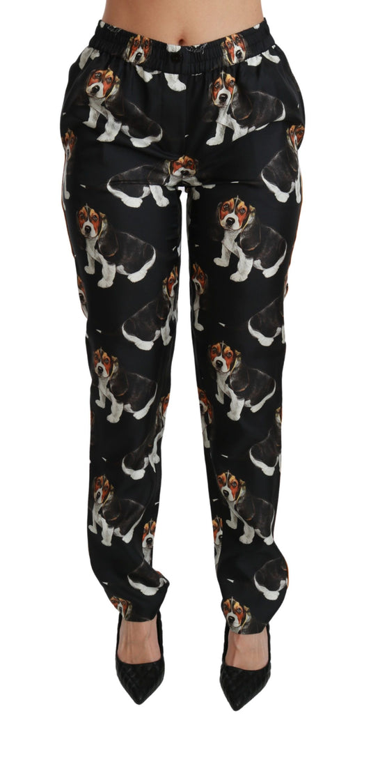 Pantalon skinny en soie noir à taille moyenne Dolce &amp; Gabbana Puppy Dog