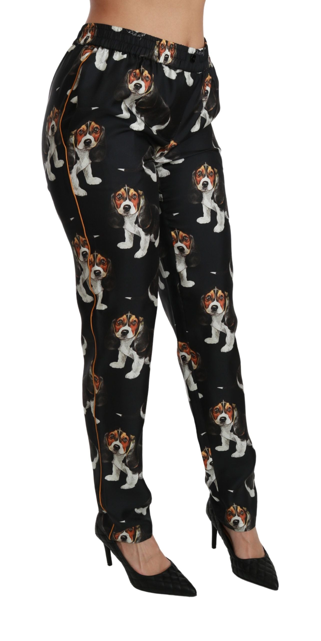 Pantalon skinny en soie noir à taille moyenne Dolce &amp; Gabbana Puppy Dog