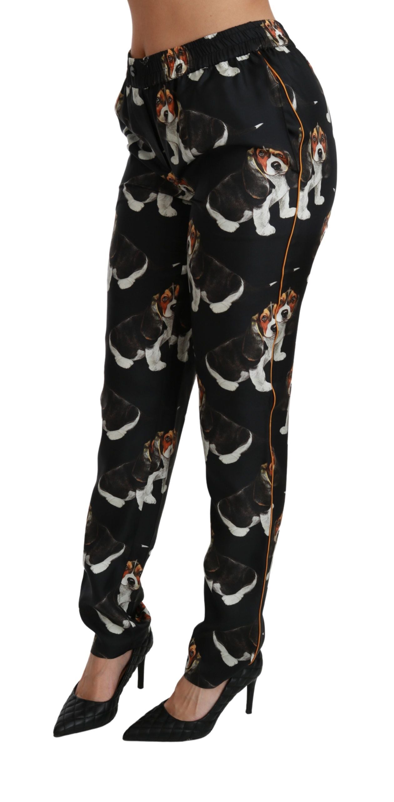 Pantalon skinny en soie noir à taille moyenne Dolce &amp; Gabbana Puppy Dog