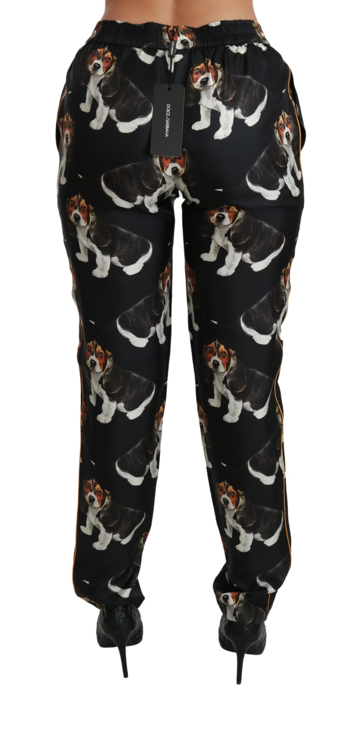 Pantalon skinny en soie noir à taille moyenne Dolce &amp; Gabbana Puppy Dog