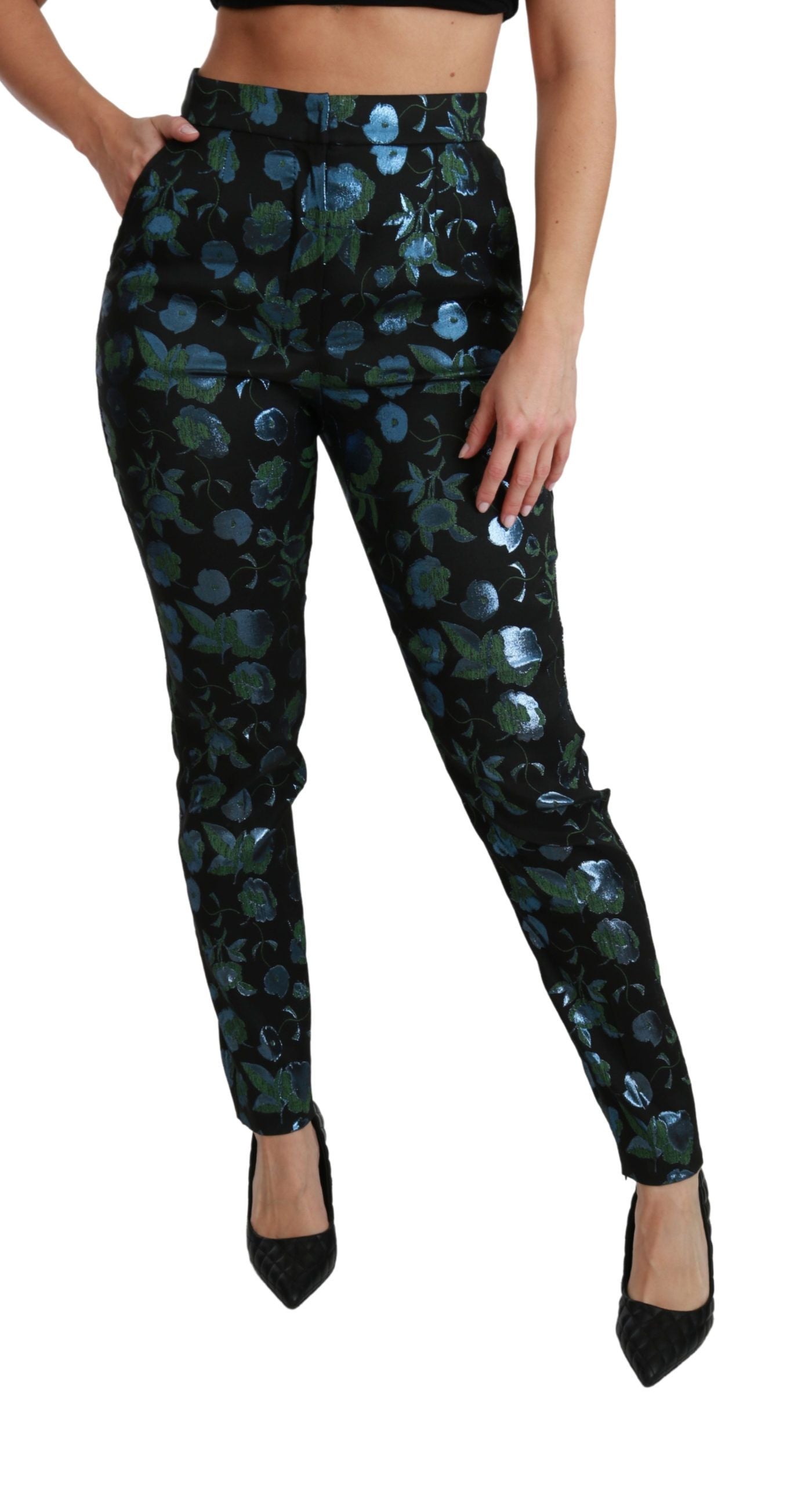 Pantalon slim métallisé à fleurs bleu vert Dolce &amp; Gabbana