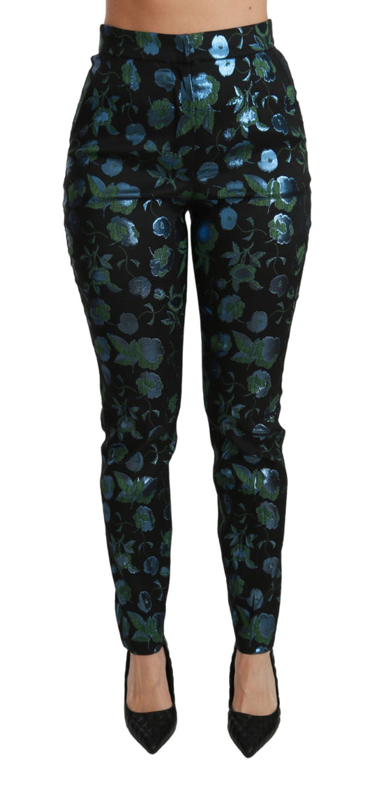 Pantalon slim métallisé à fleurs bleu vert Dolce &amp; Gabbana