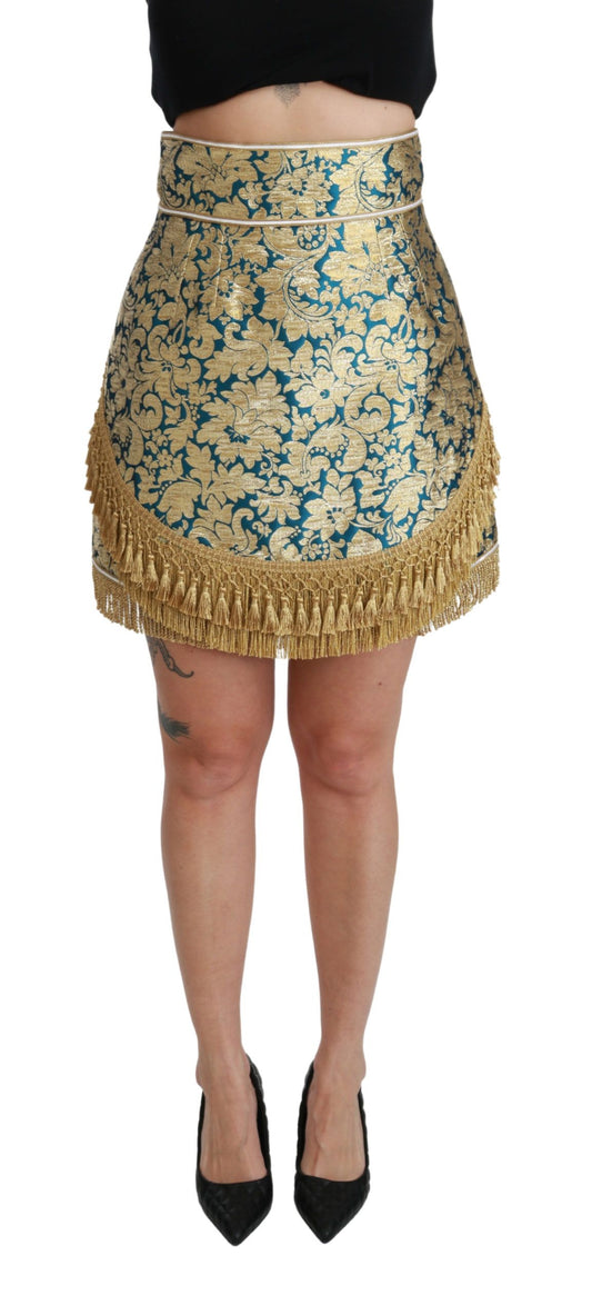 Jupe en jacquard bleu taille haute à pampilles dorées Dolce &amp; Gabbana