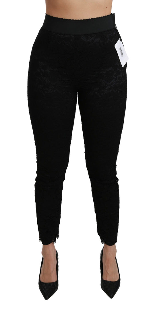 Pantalon skinny taille haute en coton noir et dentelle Dolce &amp; Gabbana
