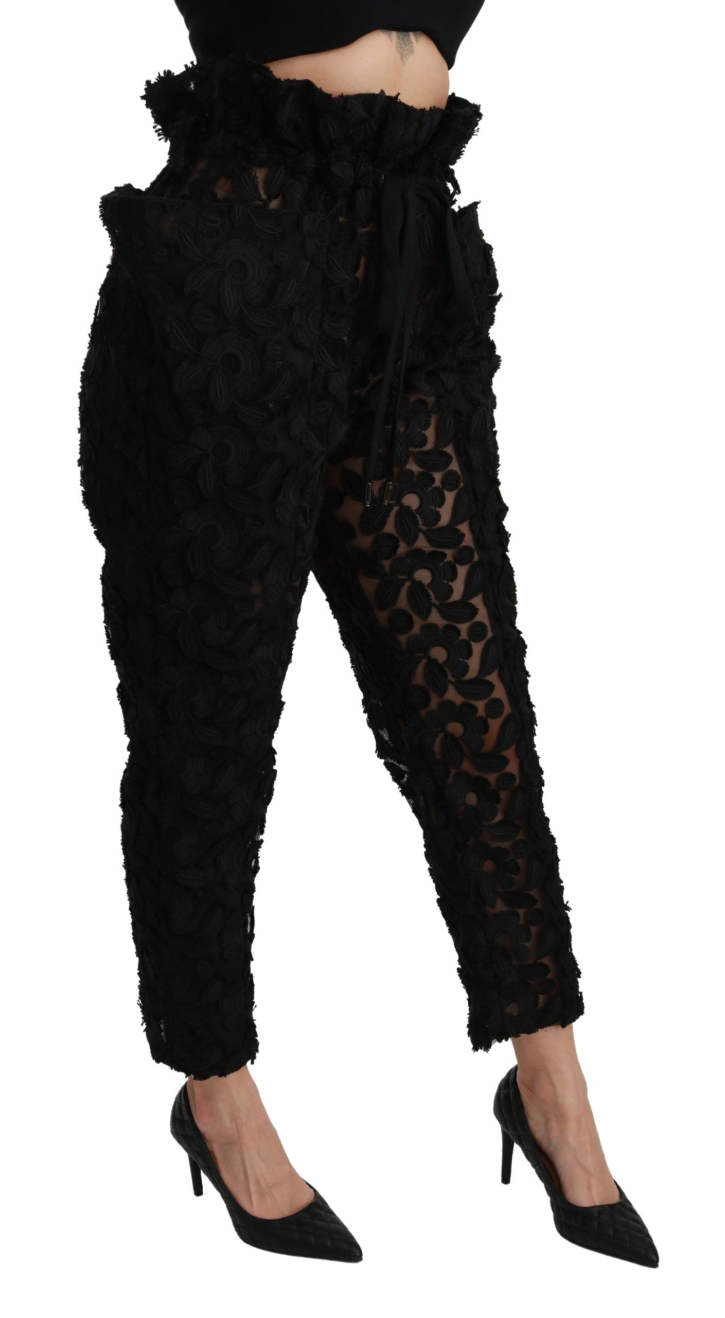 Pantalon fuselé taille haute en dentelle florale noire Dolce &amp; Gabbana