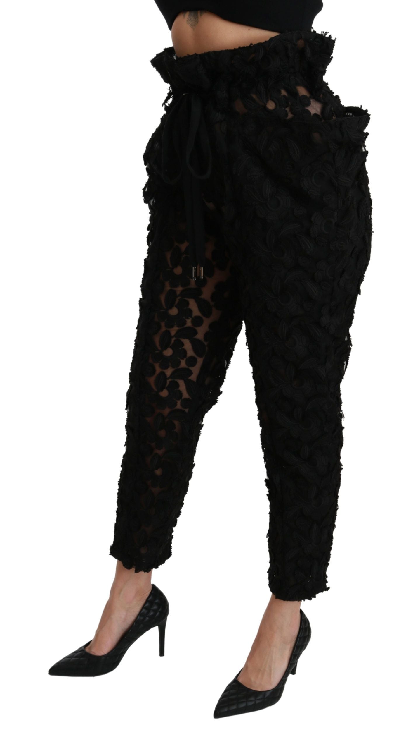 Pantalon fuselé taille haute en dentelle florale noire Dolce &amp; Gabbana