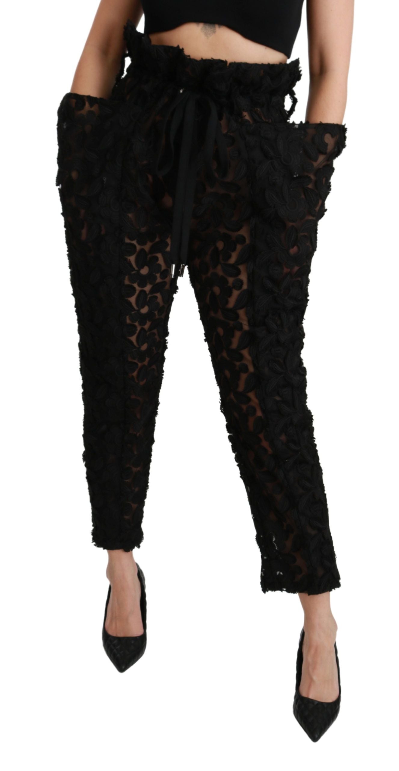 Pantalon fuselé taille haute en dentelle florale noire Dolce &amp; Gabbana