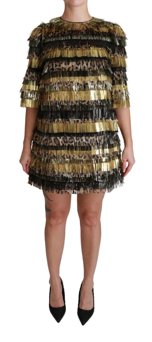 Robe courte droite en polyester noir et doré à motif léopard Dolce &amp; Gabbana