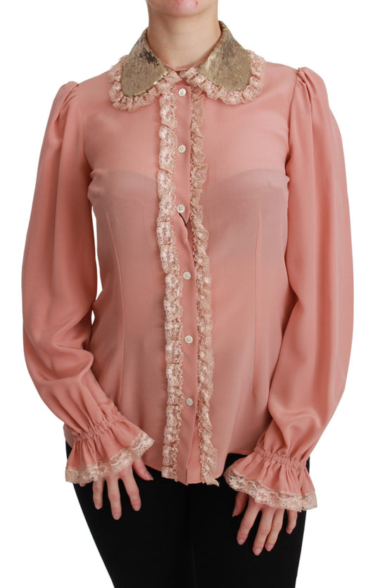 Dolce &amp; Gabbana Blusenhemd aus rosa Seide mit goldenen Pailletten und Spitze