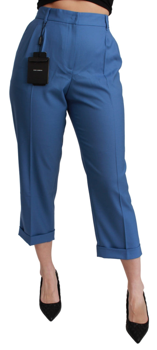 Pantalon court à revers en laine plissée bleue Dolce &amp; Gabbana