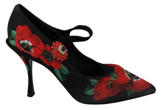 Escarpins Mary Janes à fleurs noires et rouges Dolce &amp; Gabbana