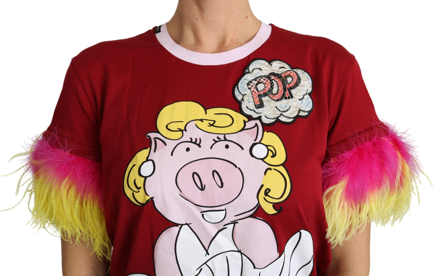 Dolce &amp; Gabbana – T-Shirt-Oberteil mit rotem Schweine-Print und Federärmeln