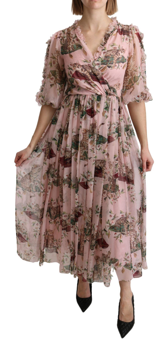 Robe longue trapèze en soie rose à imprimé chat du Bengale Dolce &amp; Gabbana