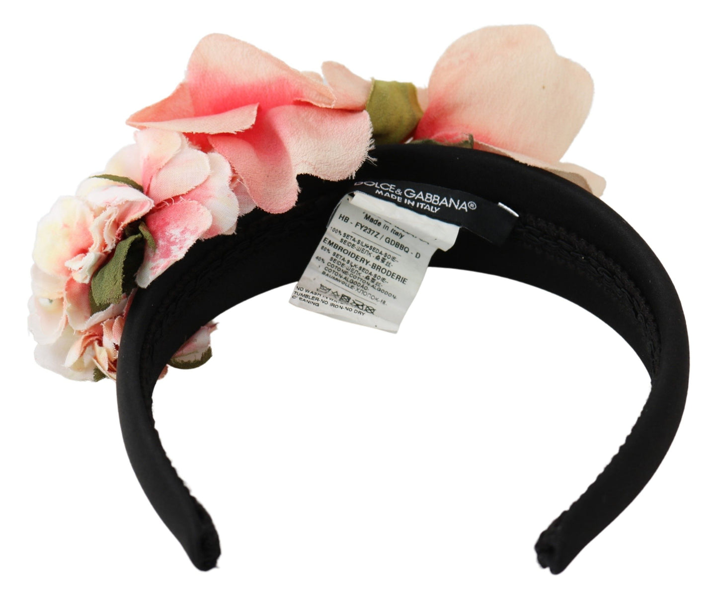 Bandeau à fleurs noires en soie rose Dolce &amp; Gabbana avec logo diadème