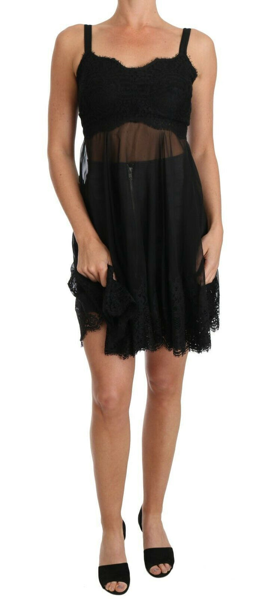 Robe chemise en dentelle de soie noire Dolce &amp; Gabbana Lingerie
