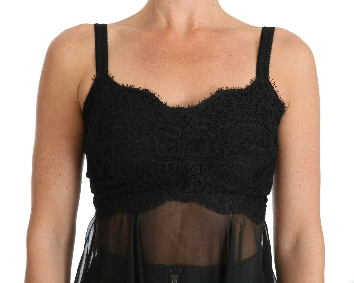 Robe chemise en dentelle de soie noire Dolce &amp; Gabbana Lingerie