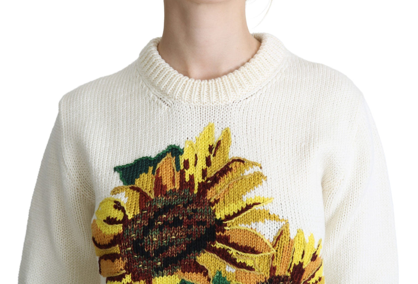 Dolce & Gabbana White Floral Wool Pullover Sunflower Sweater